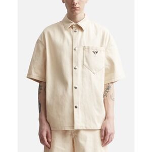 Prada Milano Beige Bull Denim Short Sleeve Shirt XL Cotton Snap Button Logo